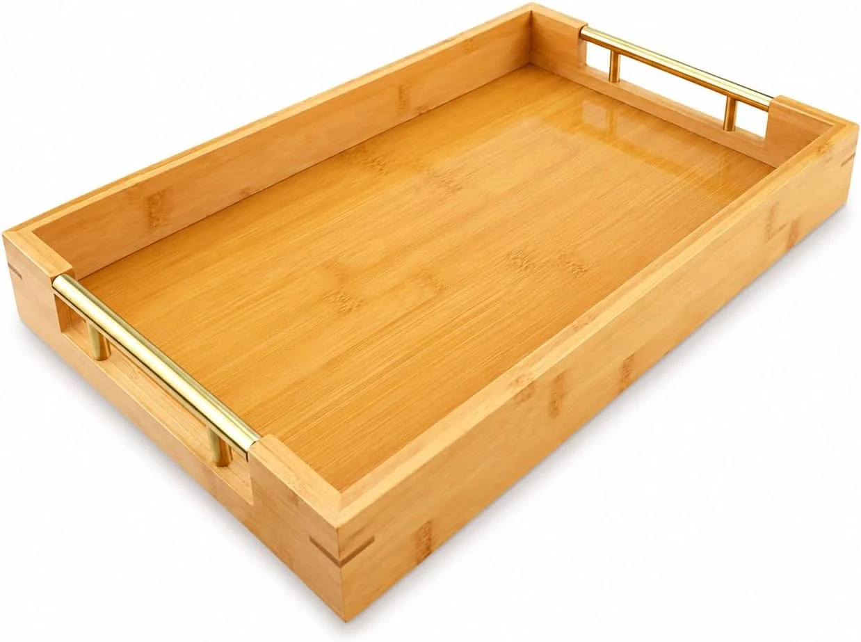 Solid Bamboo Serving Tray Wooden Tray with Gold Handles 15L x10W x2H in Deep Serving Tray Decorative Tray Rectangular Wood Tray Coffee Table Tray for Ottoman Kitchen Bedroom Lap amp Couch Eco-Friendly
