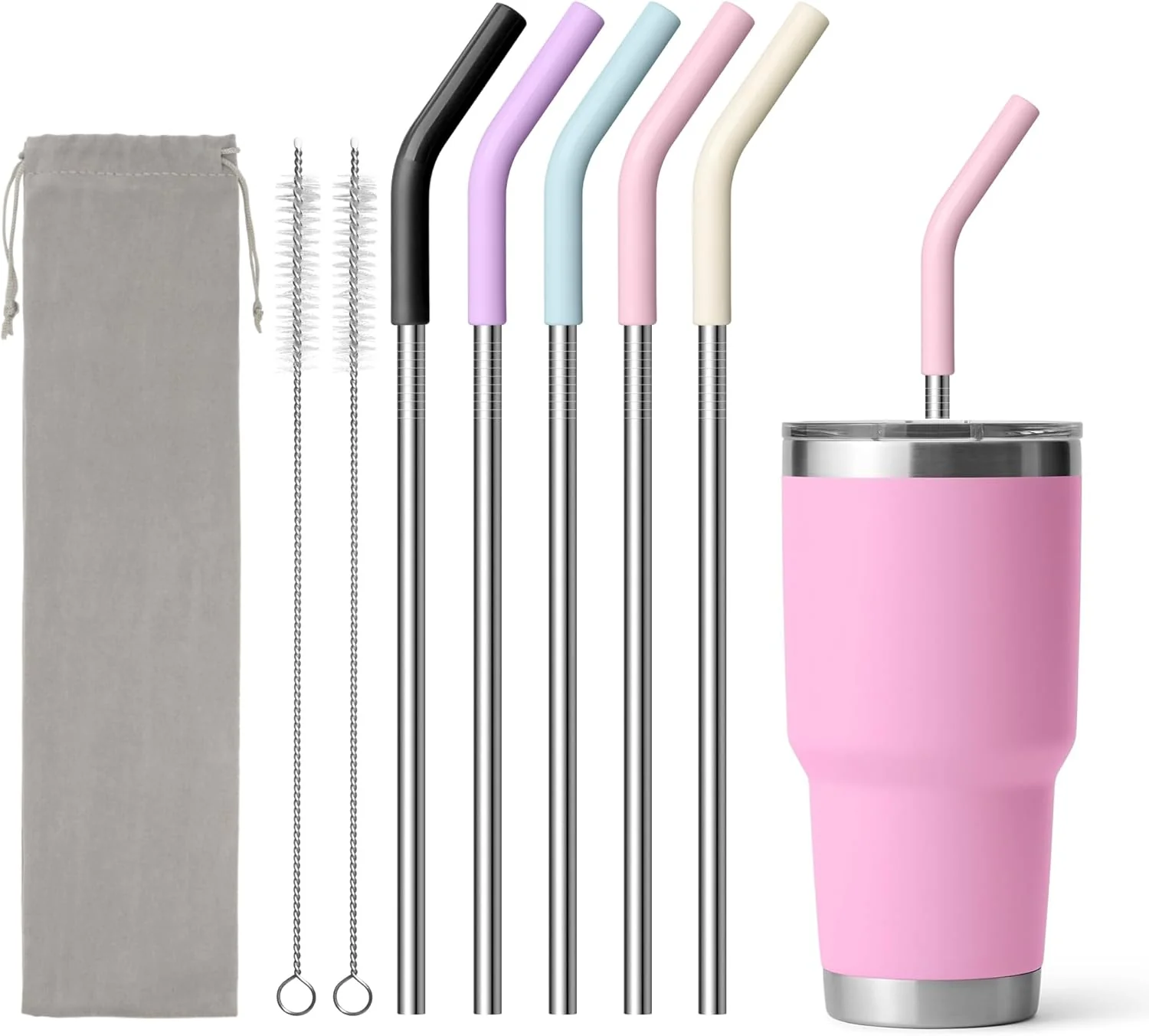 Casual Metal Straws Reusable for Yeti 30 oz Tumbler 9.5 Stainless Steel Drinking Straws with Silicone Tip for 30 oz Cup Tumbler Cleaning Brush Top-Quality