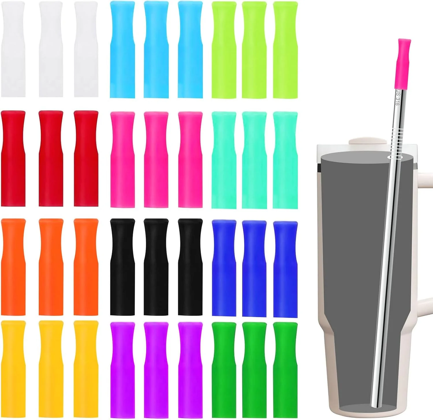 Authentic 36PCS 12 Colors Food-Grade Metal Straws Reusable Silicone Tips Only Fit Diameter 0.32In- 8mm Stainless Steel Straws BPA Eco-Friendly High-Quality
