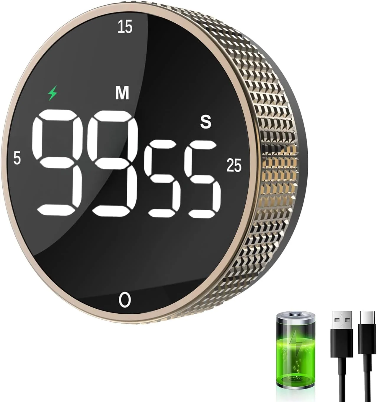 Superior Rechargeable Magnetic Kitchen Timer-Loud Alarm Visual Productivity Timer Pomodoro Timer with Large LED Display 3 Presets 5 15 25min 3 Volume Levels Pure