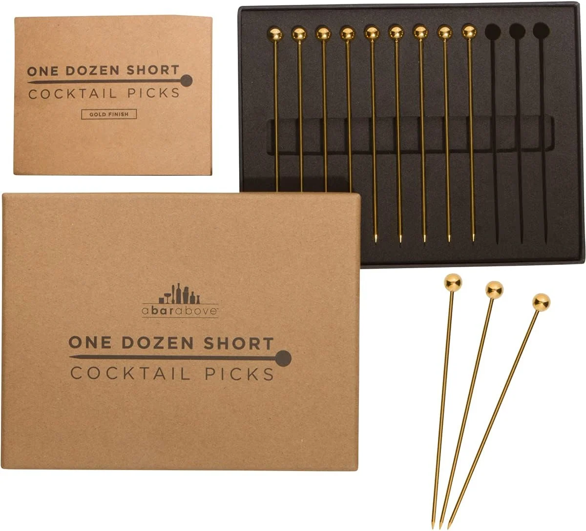Elegant A Bar Above Cocktail Picks 12 Short 4 Inch Stainless Steel Picks Gold Reusable Garnish Sticks For Martinis and Appetizers Olives and Shrimp Bar Accessory Party Serving Skewers Bar Cart Piece Premium Material