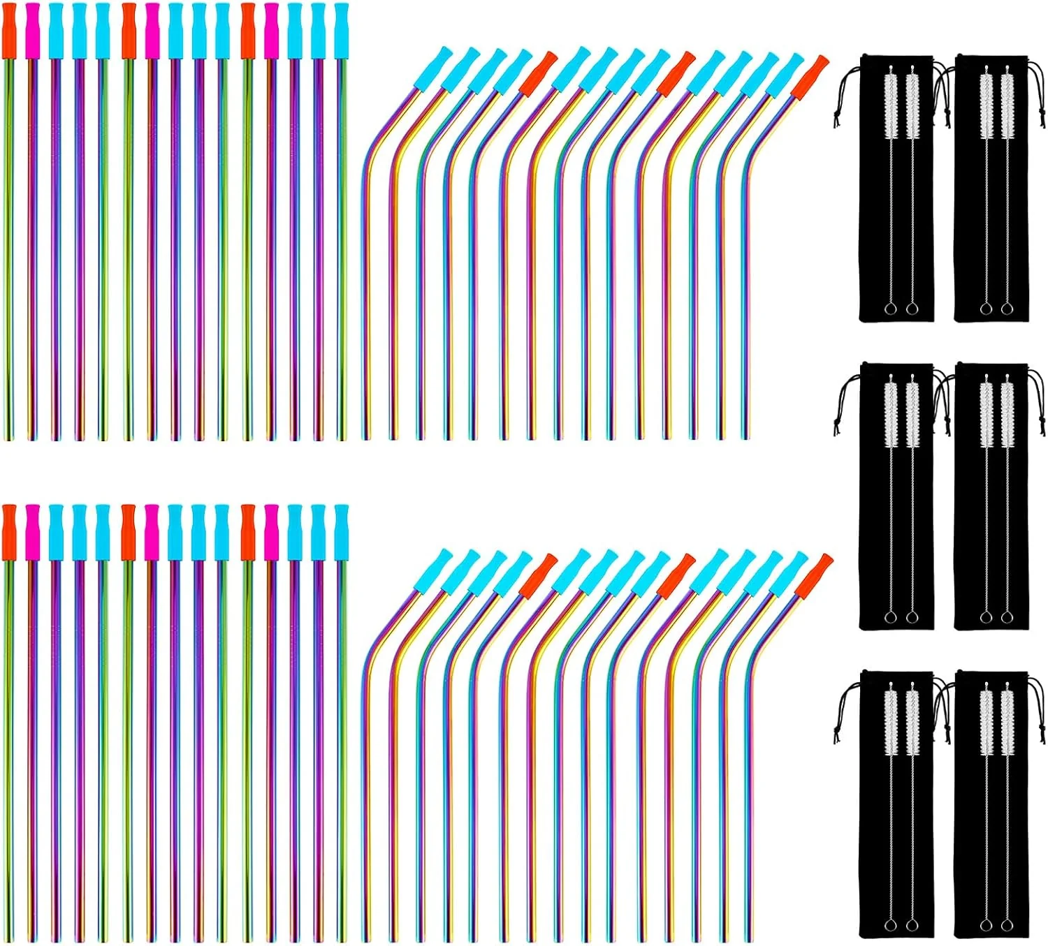 Professional 60 Pcs Color Reusable Metal Straws Stainless Steel Drinking Straws with 60 Silicone Tip 6 Travel Case and 12 Cleaning Brush Pure