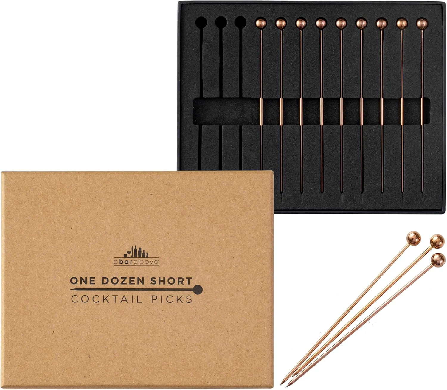 Solid A Bar Above Cocktail Picks 12 Short 4 Inch Stainless Steel Picks Copper Reusable Garnish Sticks For Martinis and Appetizers Olives and Shrimp Bar Accessory Party Serving Skewers Bar Cart Piece Excellent