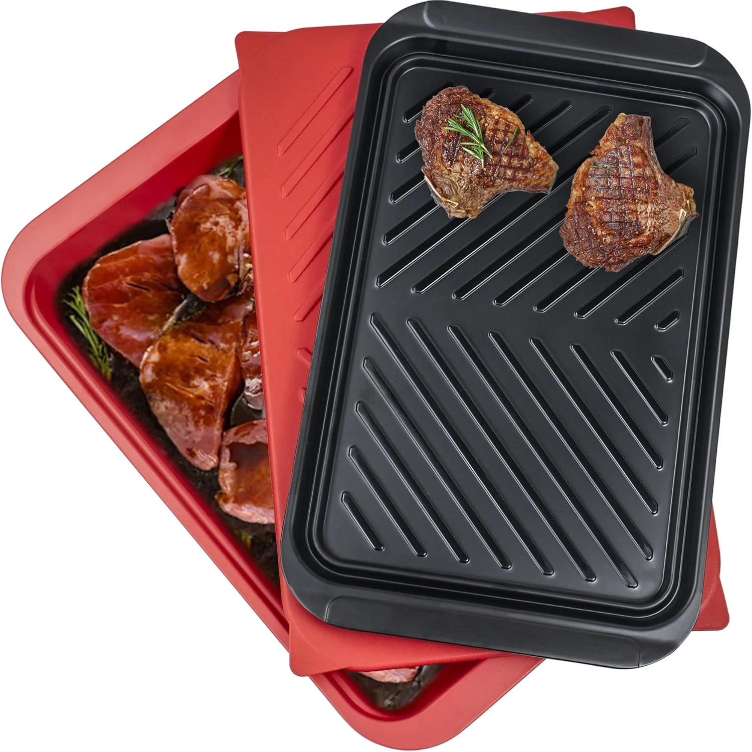 Convenient Grilling Prep and Serving Tray with Lid BBQ Deep Tray for Marinating Raw and Cooked Food Melamine Serving Trays for Food Black and Red Responsible