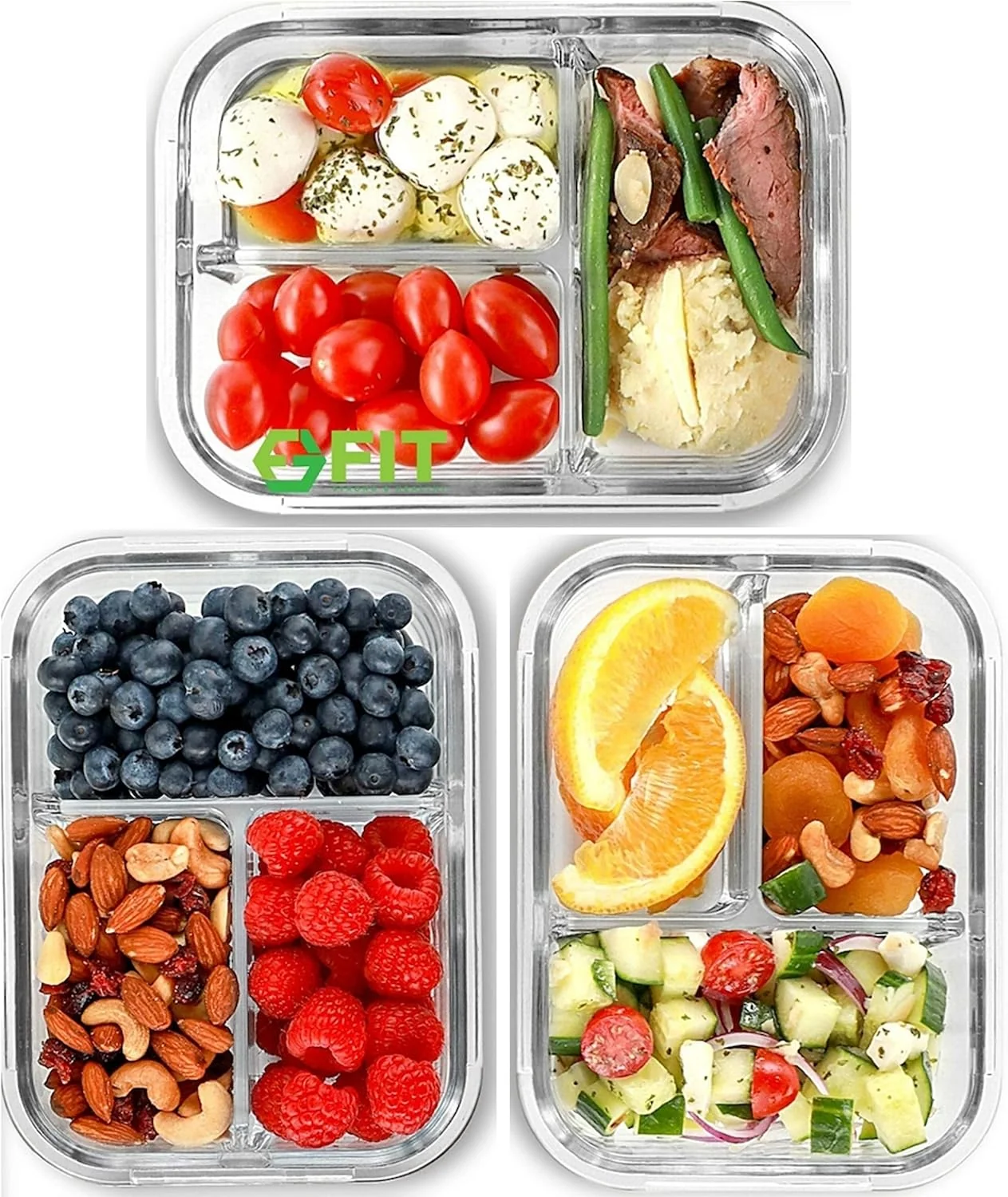 Pure Glass Meal Prep Containers 3 Compartment 3 Pack 32 oz Leakproof Lids Blue Glass Bento Box for Portion Control Airtight Snap-Lock BPA- Microwave Oven zer Dishwasher Safe Lunch Containers Traditional