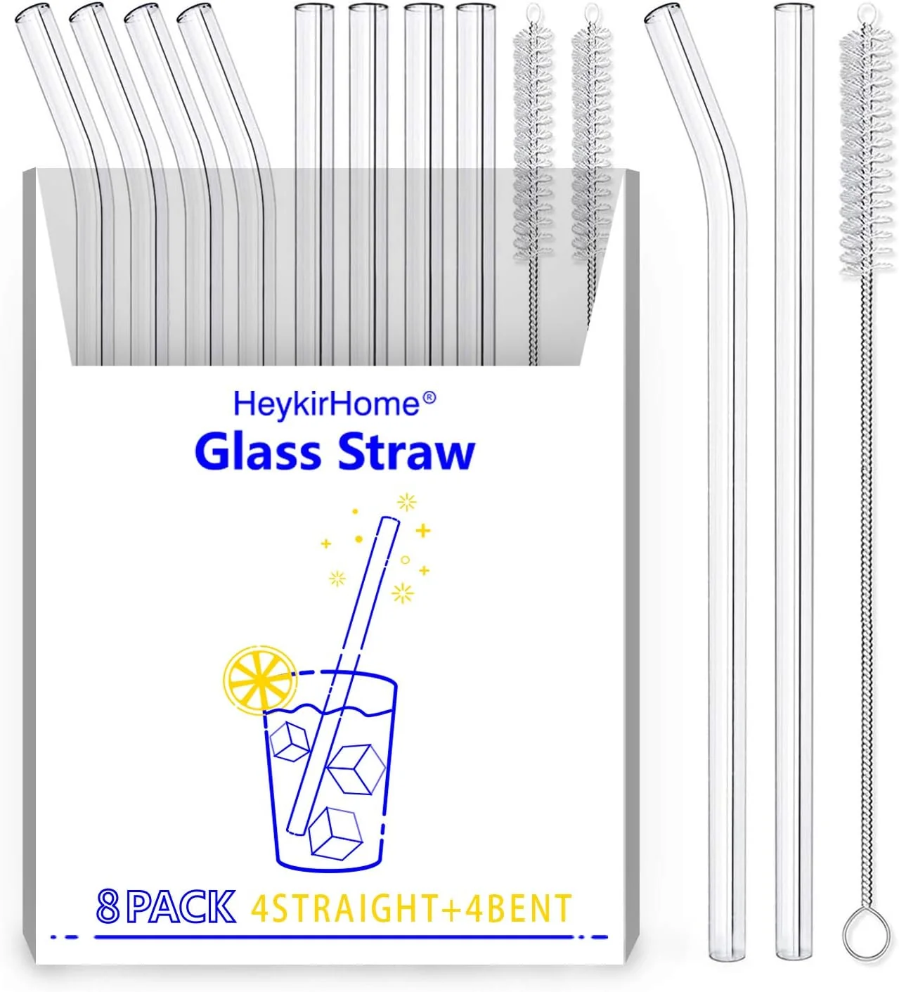 Lightweight 8-Pack Reusable Glass Straw Size 8.5”x10 MM Including 4 Straight and 4 Bent with 2 Cleaning Brush- For Smoothies Tea Juice Flexible