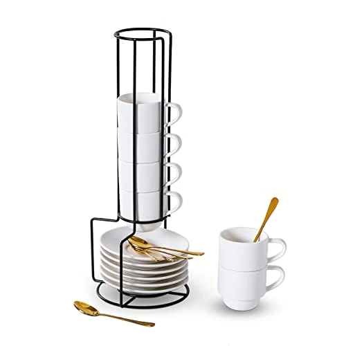Trendy Porcelain Stackable Espresso Cups with Saucers 6 Count Natural
