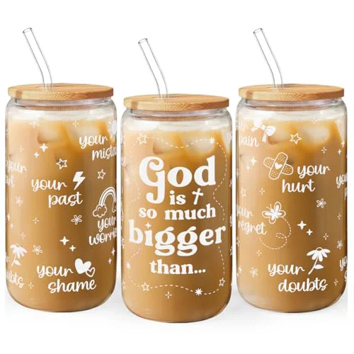 Pure Christian Inspiration16oz Can Glass Tumbler with Bamboo Lid Straw Stylish