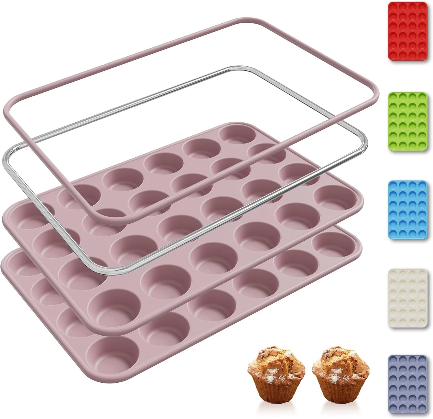 Quality 2 Pack 24 Cups Mini Muffin Pan with Metal Reinforced Frame Silicone Molds Cake Pans Egg Bites Silicone Circle Cookie Molds Muffin Tin Tart Pans Non Stick Toxic Oven Safe Baking Sheet Set Easy-to-Use