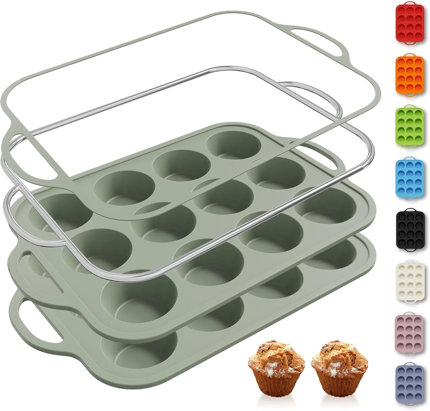 Pure 2 Packs 12 Cups Silicone Muffin Pan with Metal Reinforced Frame Regular Size Cupcake Pan Tray Egg Bites Silicone Circle Cookie Molds Muffin Tin Tart Pans Baking Sheet Set for Breakfast Sandwiches Long-Lasting