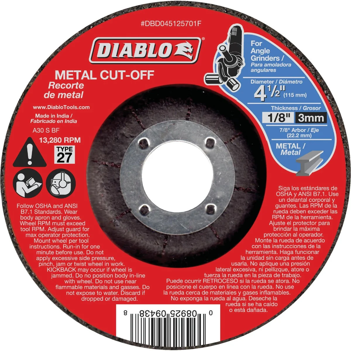 Superior Diablo Type 27 4-1 2 In. x 1 8 In. x 7 8 In. Metal Cut-Off Wheel Smart
