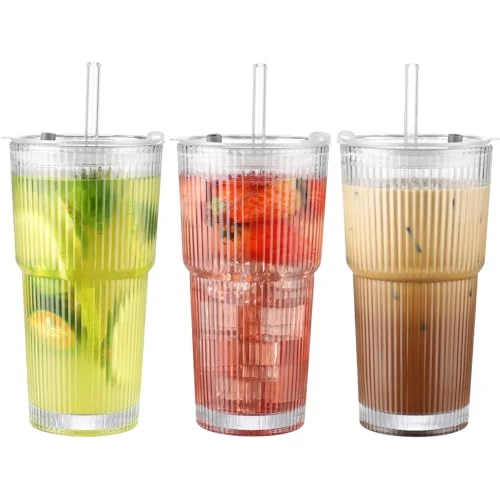 Healthy 20 oz Glass Cup with Lid and Straw 3 Count Fine