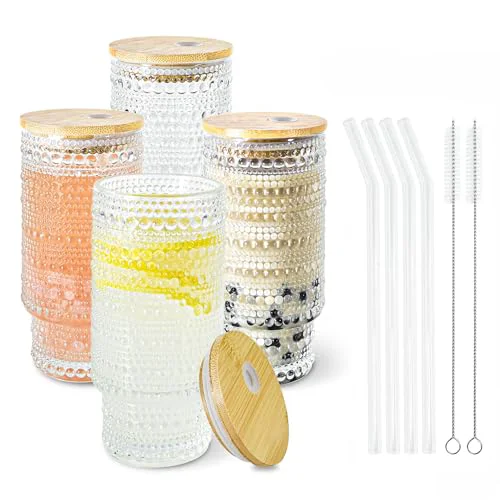 Original 4 Pcs 11 oz Drinking Glasses Cups Set with Bamboo Lids Straws Brush Small Drinking Glassware Set for Juice Iced Coffee Cocktail Whiskey 4 Count Exceptional