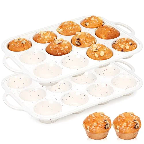 Sustainable 2 Pcs Silicone Muffin Pan with Metal Frame Nonstick 12 Cup Regular Size Cupcake Pan Silicone Muffin Tray for Baking Egg Bites Muffins Cupcakes Gifts for Mom Home Baker Kitchen Convenient