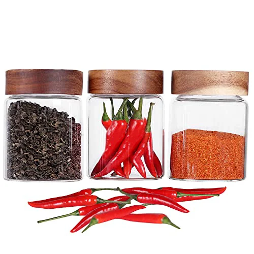 Elite 3 Packs Glass Food Storage Jars with Screw Airtight Seal Acacia Wood Lids Prestigious