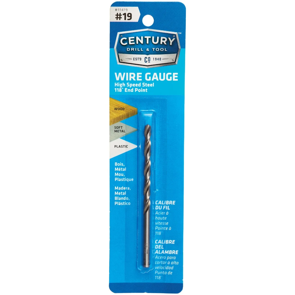 Selected Century Drill Tool Number 19 HSS Brite Drill Bit Long-Lasting
