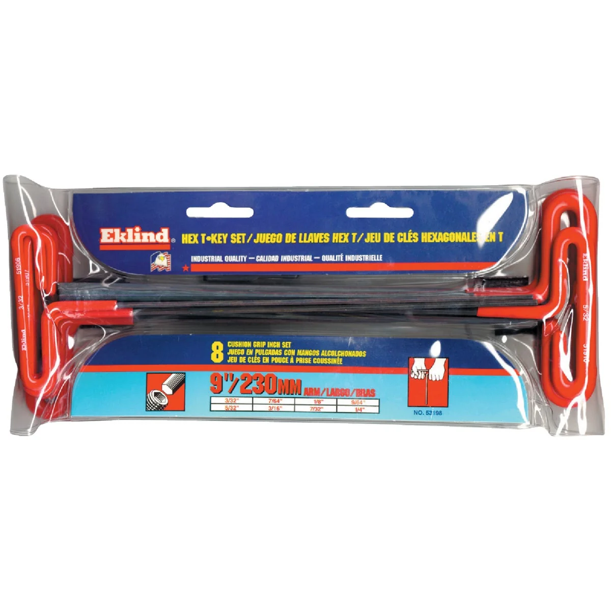 Top-Quality Eklind Standard 9 In. Arm Cushion Grip T-Handle Hex Key Set 8-Piece Specialty