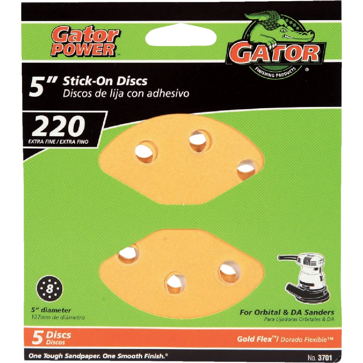 Long-Lasting Gator 5 In. 220-Grit 8-Hole Pattern Vented Sanding Disc with Stick-On Backing 5-Pack Safe