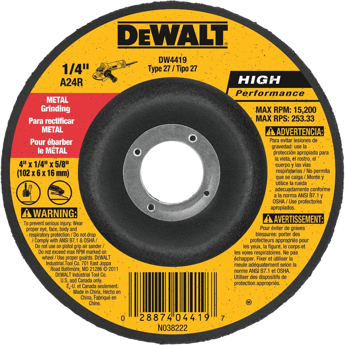 Genuine DeWalt HP Type 27 4 In. x 1 4 In. x 5 8 In. Metal Grinding Cut-Off Wheel Durable