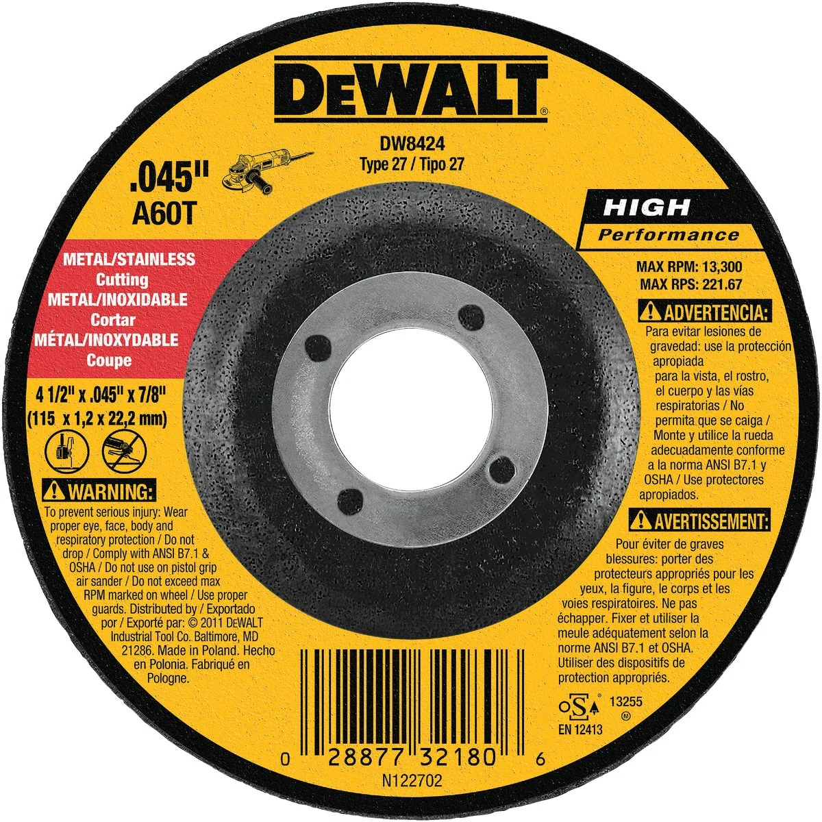 Reusable DeWalt HP Type 27 4-1 2 In. x 0.045 In. x 7 8 In. Metal Stainless Cut-Off Wheel Effective