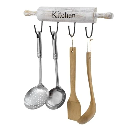 Outstanding White Washed Wood Kitchen Utensil Rack with 4 Hooks Recyclable