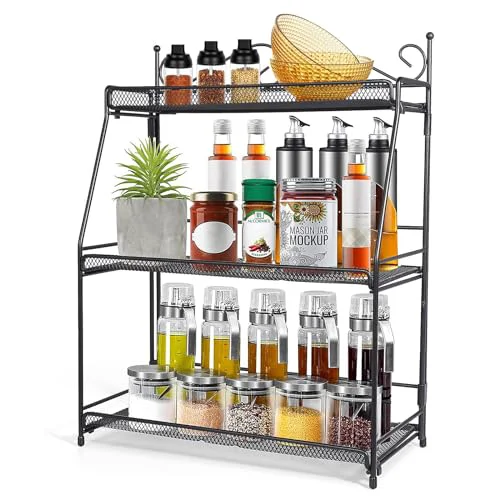 Healthy Standing Spice Rack 3 Tier Metal Foldable and Durable Kitchen Rack for Countertop Kitchen Bathroom Elite