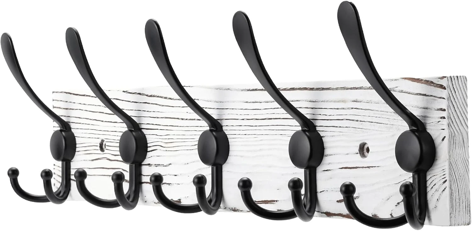 Prestigious Coat Rack Wall Mount Wooden Hat Rack for Wall Hooks Pine Wood Plank 16.9 White Coat Hanger with 5 Black Triple Hooks for Hanging Coat Hat Jacket Long-Lasting
