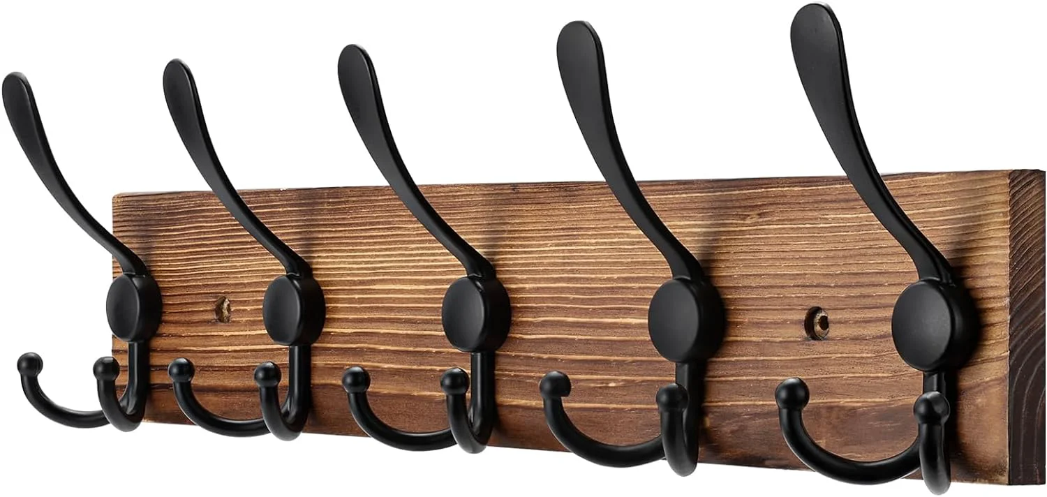 Innovative Coat Rack Wall Mount Wooden Hat Rack for Wall Hooks Pine Wood Plank 16.9 Brown Coat Hanger with 5 Triple Hooks for Hanging Coat Hat Jacket Optimized