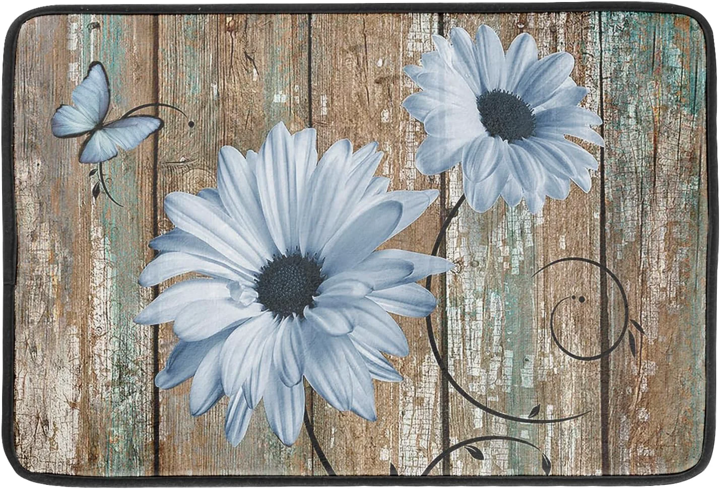 Green Rustic Daisy Dish Drying Mat for Kitchen Countertop 18×24 inch Blue Sunflowers on Wooden Board Dish Drainer Mats Fast Drying Country Vintage Style Shabby Chic Flower Dish Drying Pad Decor Large Modern