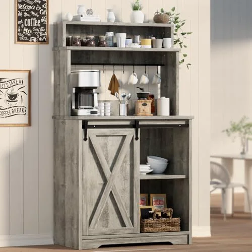 Convenient Farmhouse Coffee Bar with 3 Tier Storage Hutch Practical