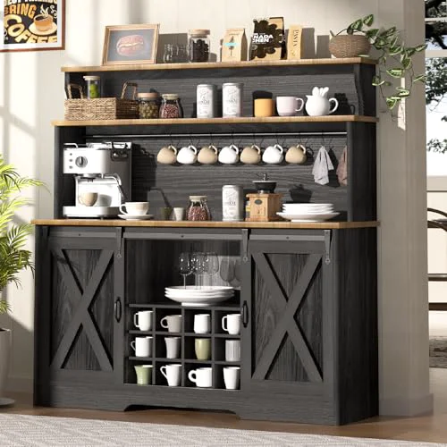 Dependable 55” Farmhouse Coffee Bar Cabinet with 3 Tier Storage Hutch Next-Generation