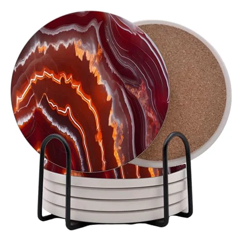 Luxury Red Agate Marble Round Coasters Set of 6 Artisan