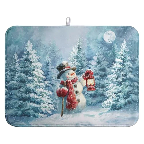 Enhanced Winter Blue Snowman Dish Drying Mat Christmas Pine Tree Large Kitchen Mats Dish Drying Pad Xmas Absorbent Dish Dryer Mat for Kitchen Countertops Microfiber Drainer Pad Dish Drying Mats World-Class