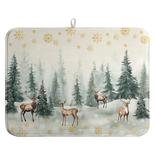 Modern Winter Deer Snowflakes Dish Drying Mat Christmas Snow Forest Large Kitchen Mats Dish Drying Pad Absorbent Dish Dryer Mat for Kitchen Countertops Microfiber Drainer Pad Dish Drying Mats Traditional