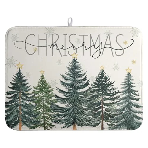 Solid Merry Christma Trees Dish Drying Mat Winter Forest Large Kitchen Mats Dish Drying Pad Xmas Snow Absorbent Dish Dryer Mat for Kitchen Countertops Microfiber Drainer Pad Dish Drying Mats Carefully Designed