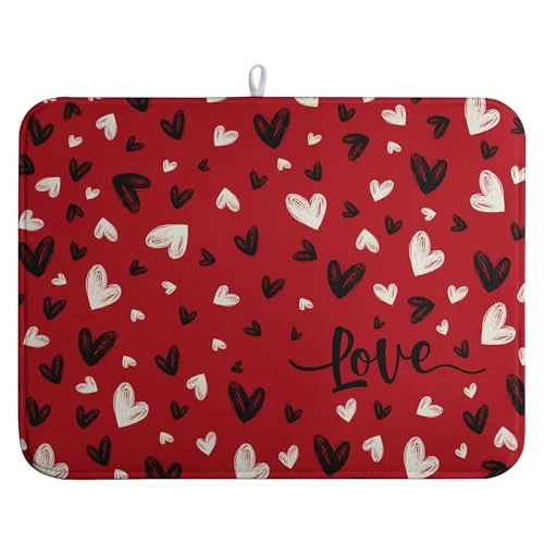 Optimized Valentines Day Dish Drying Mat Red Black Love Heart Valentine Kitchen Dish Drying Pad Absorbent Dish Dryer Mat for Kitchen Countertops Microfiber Dishes Drainer Pad Dish Drying Rack Mat Certified