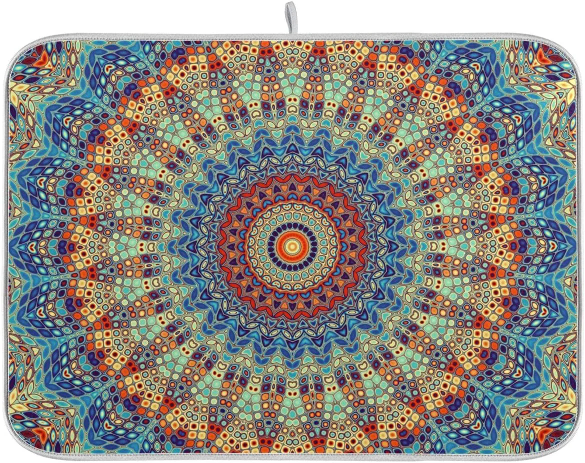 Organic Bohemian Mandala Dish Drying Mat for Kitchen Counter Boho Ethnic Drying Mat 16 x 18 Inch with High Absorbent Reversible Microfiber Dish Drying Pad Dish Rack Pad Drainer Mat for Coffee Bar Detailed