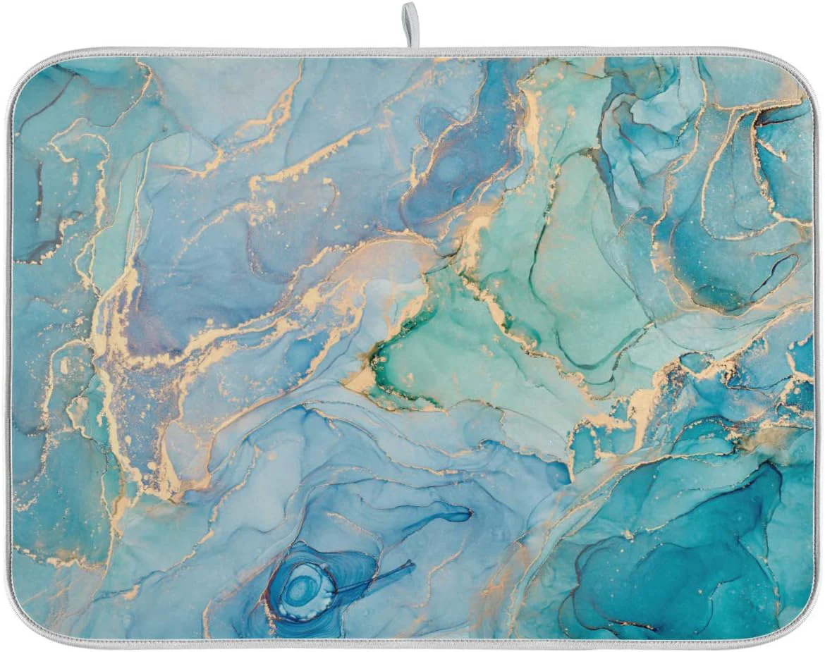 Artisan Marble Dish Drying Mat for Kitchen Counter Blue Teal Turquoise Gold Drying Mat 18 x 24 Inch with High Absorbent Reversible Microfiber Dish Drying Pad Dish Rack Pad Drainer Mat for Coffee Bar Sustainable