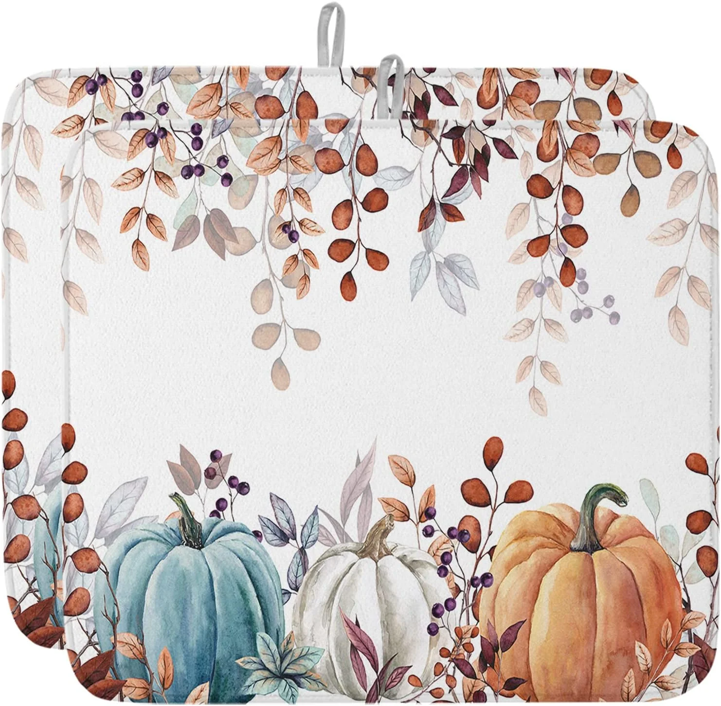 Optimized Fall Dish Drying Mat for Kitchen Counter Pumpkin Drying Pad Absorbent Drying Mats for Countertops Sinks Draining Racks Autumn Eucalyptus Leaves Drainer Holiday Harvest Thanksgiving Decorations 16×18 High-Quality