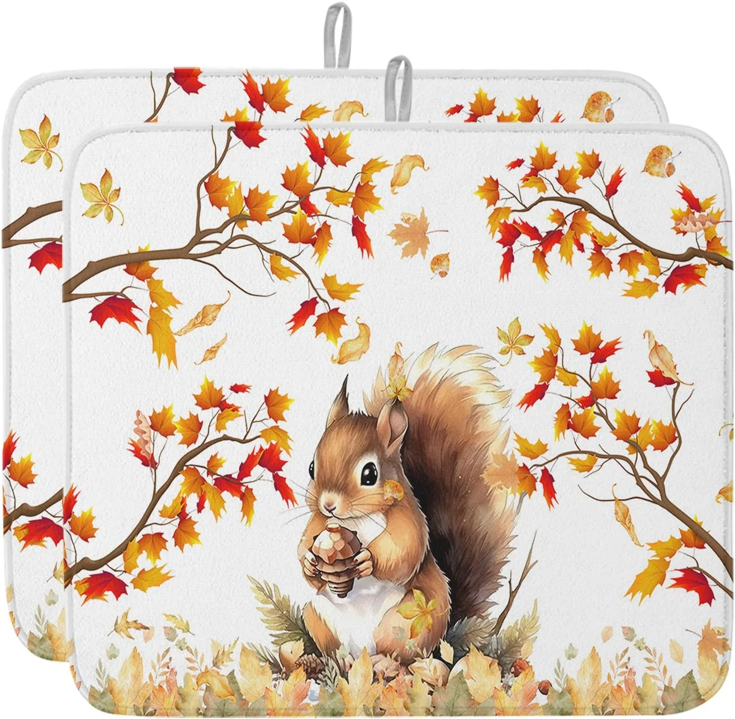 Authentic Fall Dish Drying Mat for Kitchen Counter Squirrel Drying Pad Absorbent Drying Mats for Countertops Sinks Draining Racks Pine Cone Autumn Maple Leaves Drainer Holiday Harvest Thanksgiving Decor 18×24 Practical