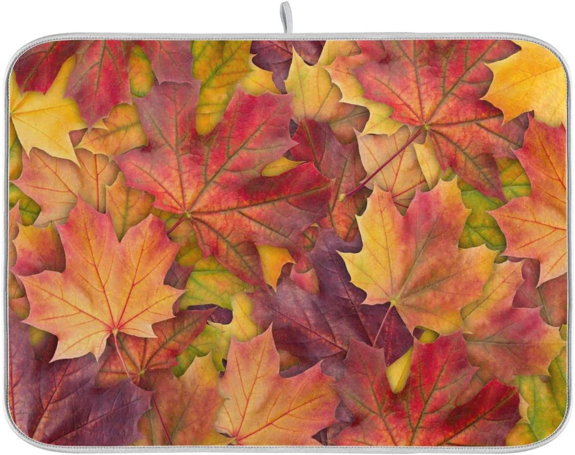 Sophisticated Colorful Autumn Maple Leaves Dish Drying Mat for Kitchen Counter Fall Drying Mat 18 x 24 Inch with Absorbent Reversible Microfiber Dish Drying Pad Dish Rack Drainer Mats for Coffee Bar Elegant
