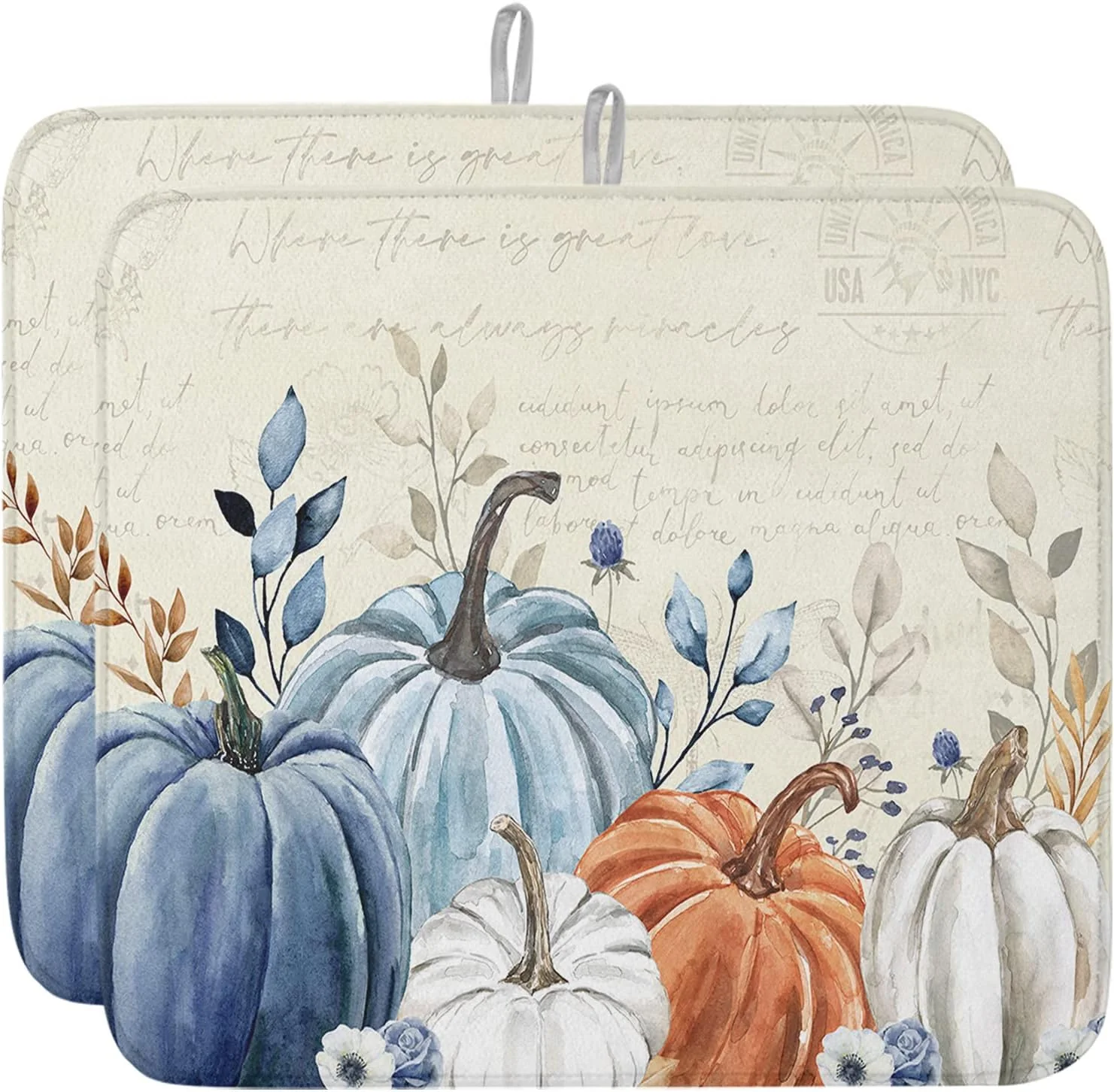 Fine Fall Dish Drying Mat for Kitchen Counter Blue Pumpkin Drying Pad Absorbent Drying Mats for Countertops Sinks Draining Racks Floral Leaves Drainer Holiday Harvest Thanksgiving Decorations 18×24 Elite