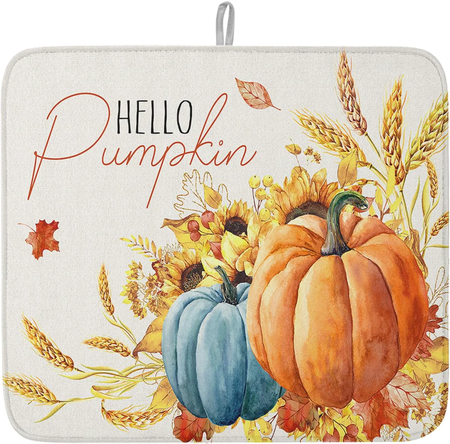 Convenient Fall Dish Drying Mat for Kitchen Counter Hello Pumpkin Drying Pad Absorbent Drying Mats for Countertops Sinks Draining Racks Sunflower Ears of Wheat Drainer Holiday Harvest Thanksgiving Decor 16×18 Lightweight