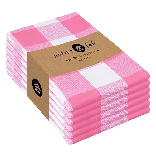 Minimalist Pink Checked Kitchen Towels 16 x26 6 Count Exceptional