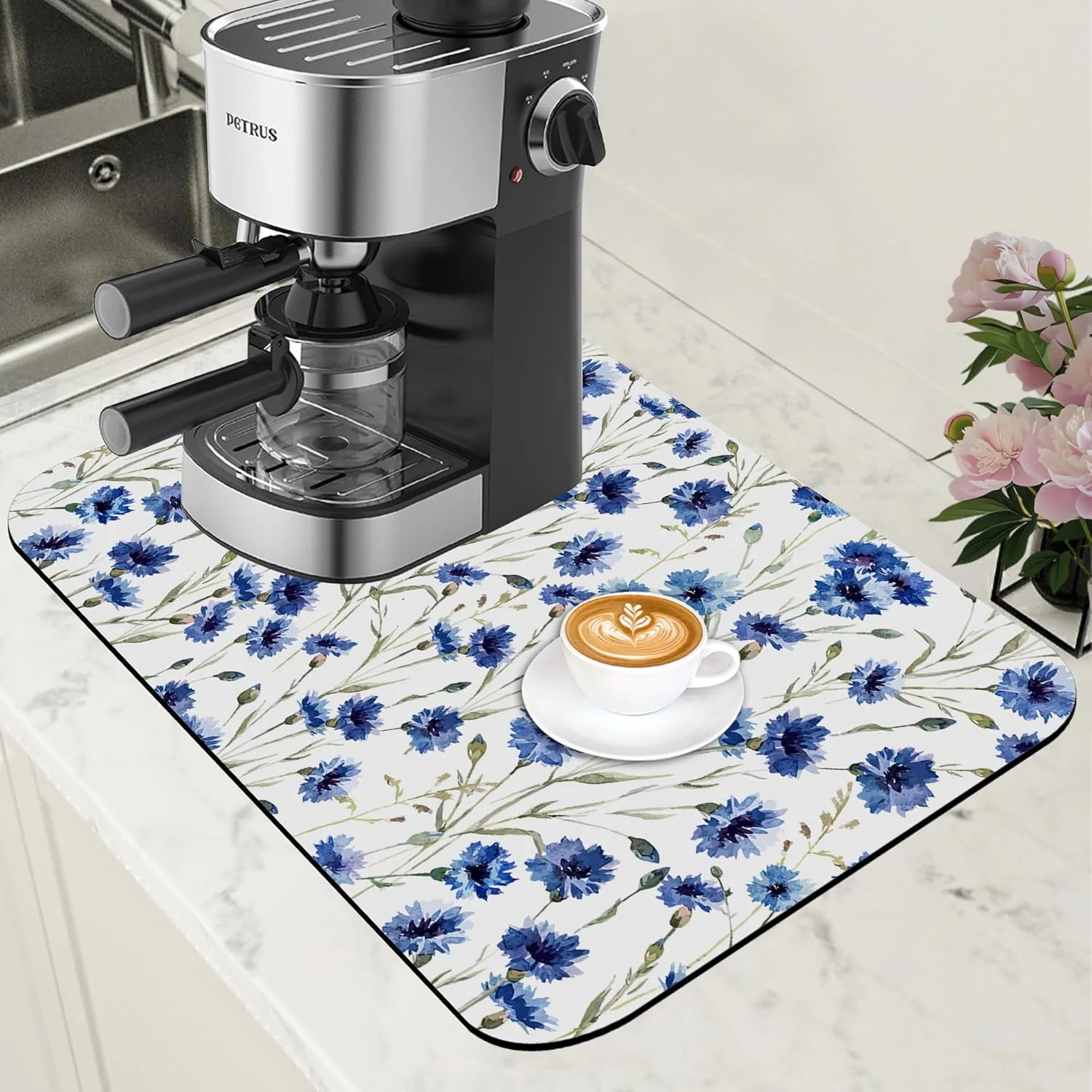 Official Watercolor Blue Cornflower Dish Drying Mat for Kitchen Counter Floral Coffee Bar Mat Hide Stain Absorbent Rubber Backed Drying Rack Pad Coffee Pot Espresso Machine Table Accessories 11.8 x 19.7 Inch Responsible