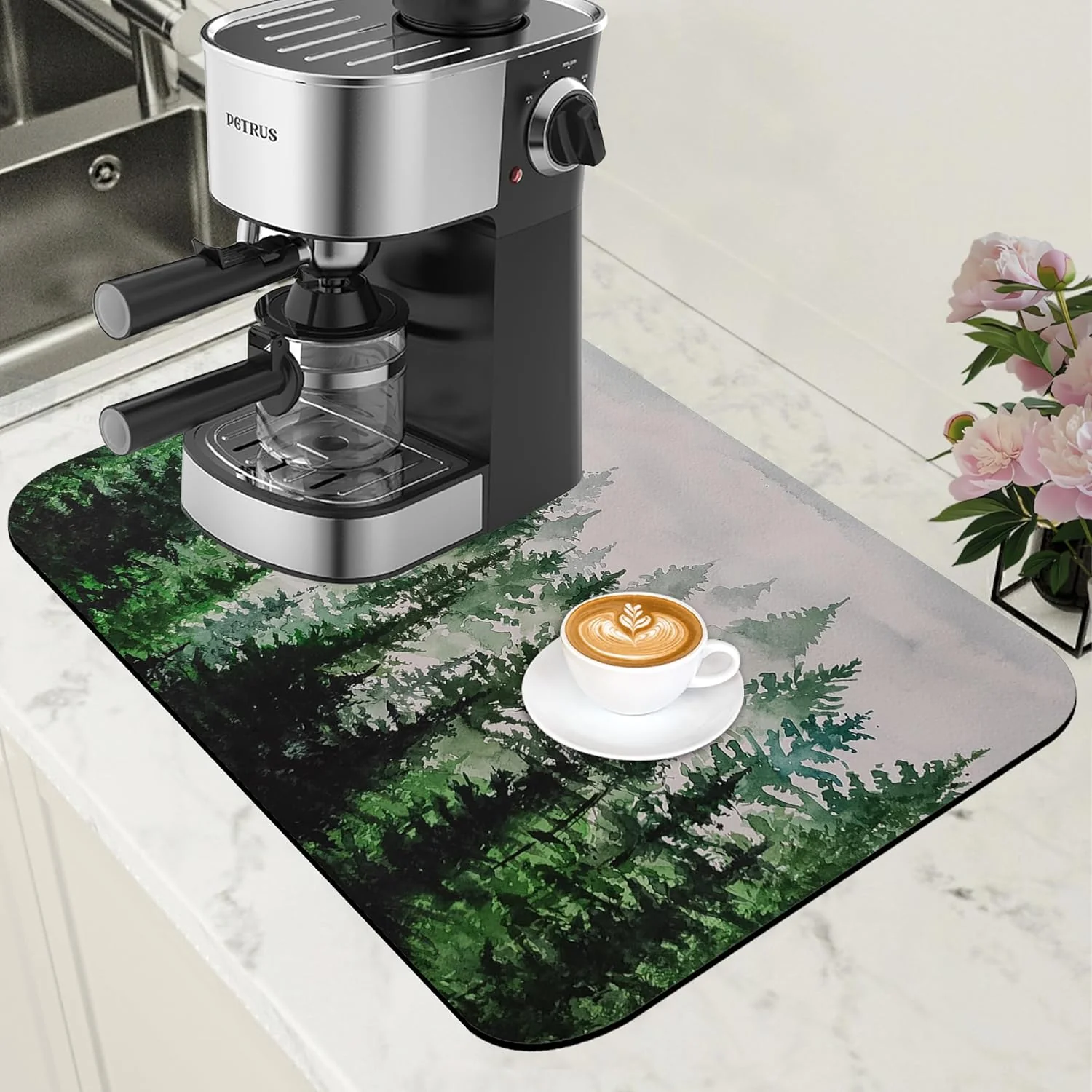 Smooth Dish Drying Mat Watercolor Foggy Forest Coffee Bar Mat for Countertop Absorbent Rubber Backed Hide Stain Dish Drainer Rack Pad Coffee Maker Espresso Machine Dining Room Decor 11.8 x 19.7 Inch Genuine