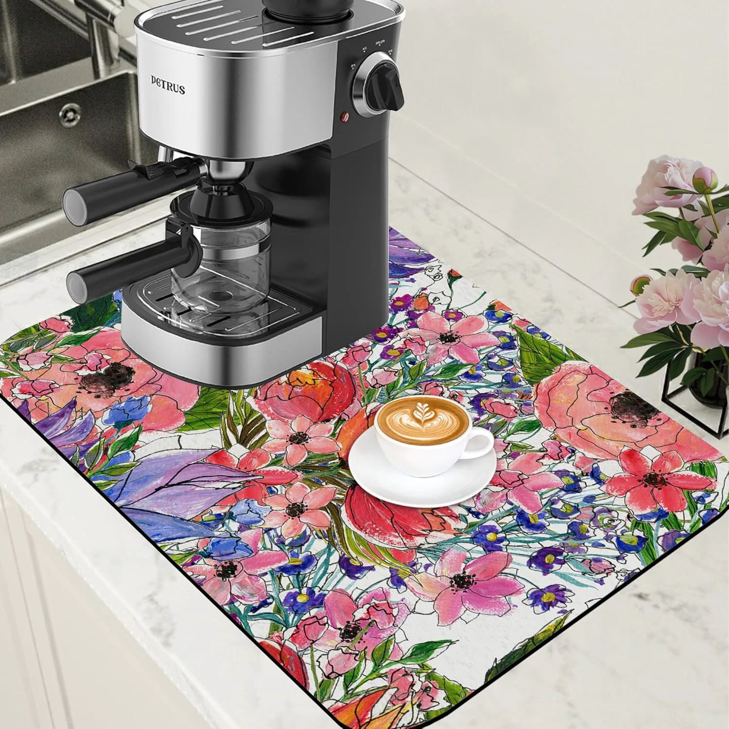 Efficient Dish Drying Mat Watercolor Colorful Floral Coffee Bar Mat for Countertop Absorbent Rubber Backed Hide Stain Dish Drainer Rack Pad Coffee Maker Espresso Machine Dining Room Decor 15.7 x 23.6 Inch Trendy