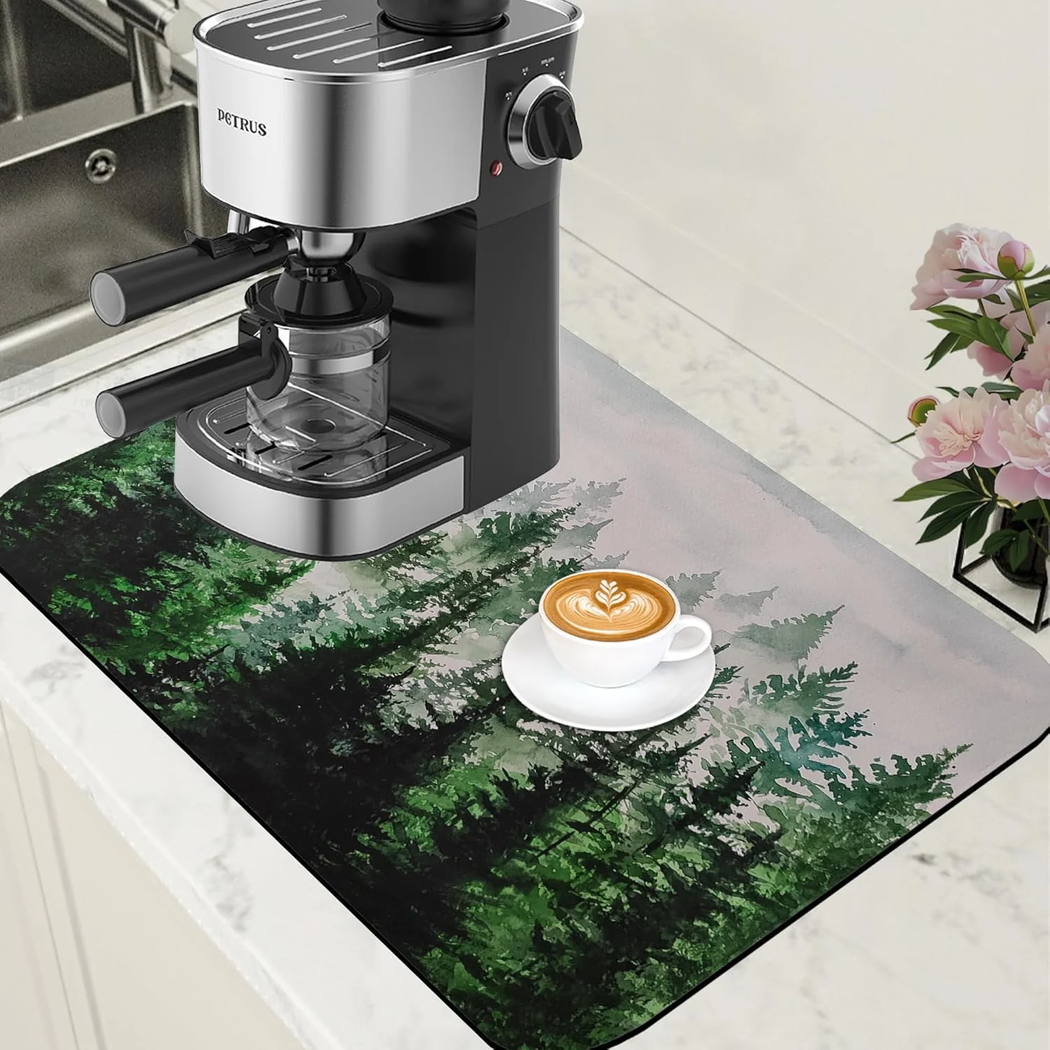 Smart Dish Drying Mat Watercolor Foggy Forest Coffee Bar Mat for Countertop Absorbent Rubber Backed Hide Stain Dish Drainer Rack Pad Coffee Maker Espresso Machine Dining Room Decor 15.7 x 23.6 Inch Prestigious