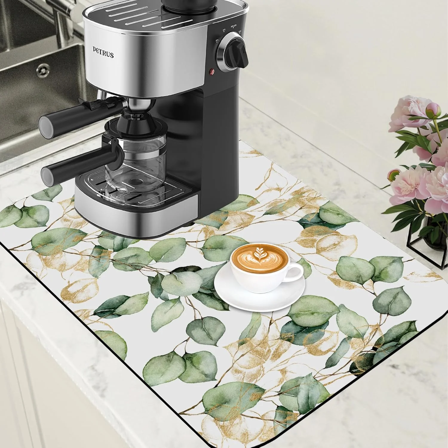 Expertly Made Gold and Green Eucalyptus Leaf Dish Drying Mat for Kitchen Counter Coffee Bar Mat Hide Stain Absorbent Rubber Backed Dish Drainer Rack Pad Coffee Pot Espresso Machine Accessories 15.7 x 23.6 Inch Verified