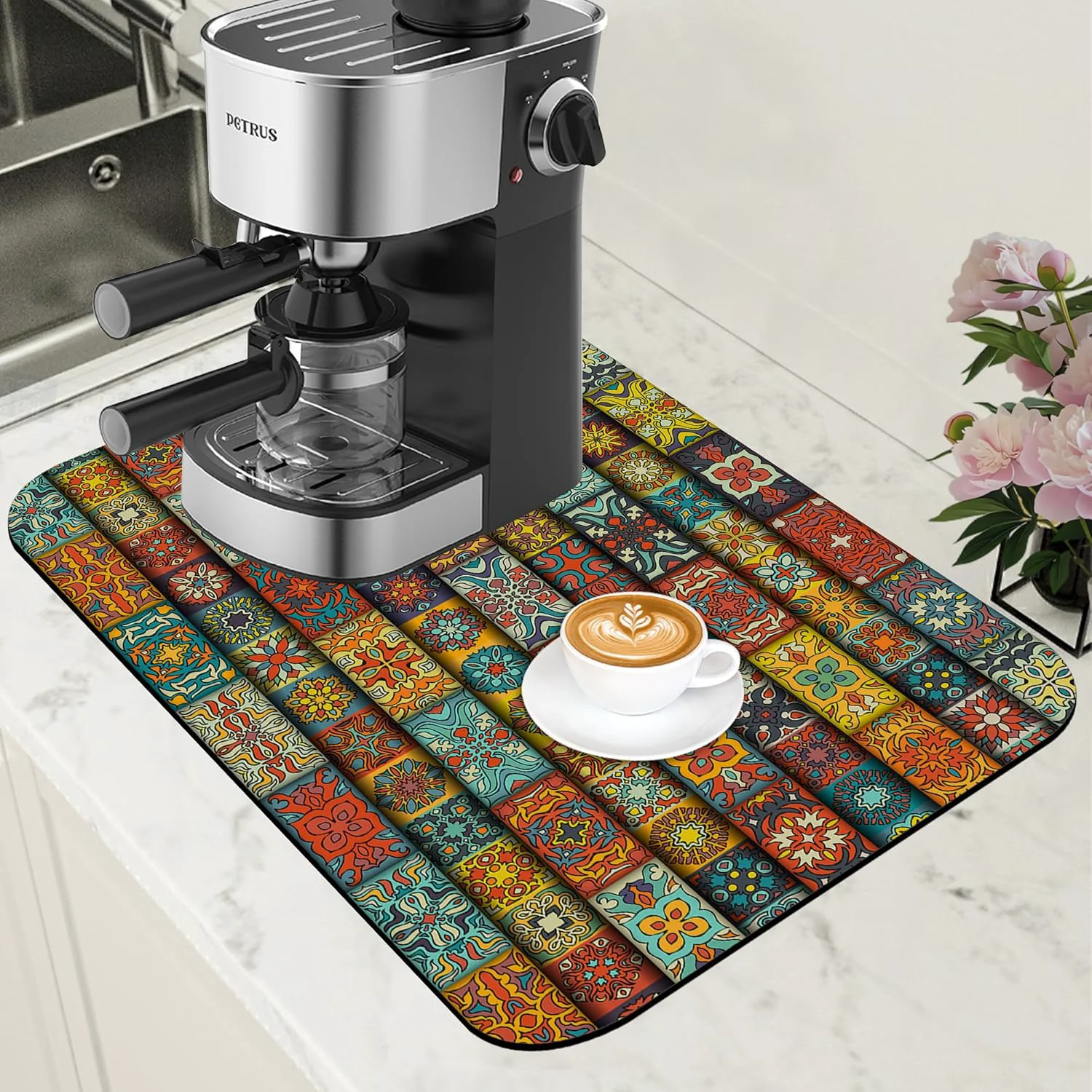 Certified Boho Dish Drying Mat Colorful Mandala Flower Coffee Bar Mat for Countertop Absorbent Rubber Backed Hide Stain Dish Drainer Rack Pad Coffee Pot Espresso Machine Cafe Table Decoration 11.8 x 19.7 Inch Reusable